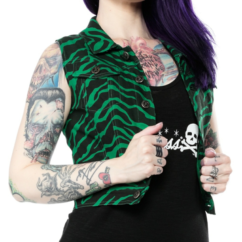 Sourpuss Green Zebra Print Cropped Vest XXL NWT